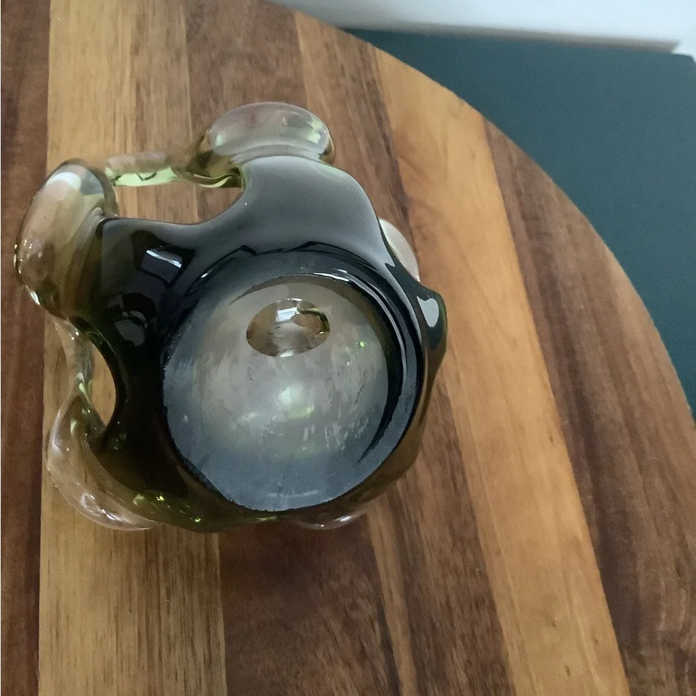 Vintage Murano Style Art Glass Bowl Votive | Olive Green Smoky Glass - Picture 9 of 9